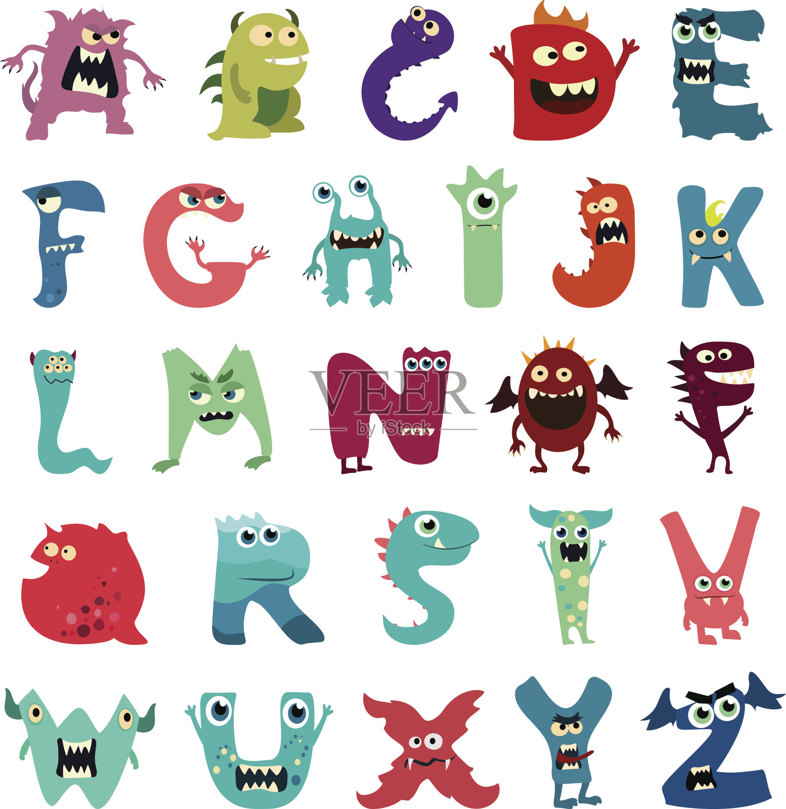 卡通扁平怪物字母表大集合图标。五颜六色的怪物娃娃玩具可爱的怪物舌头。向量插画图片素材