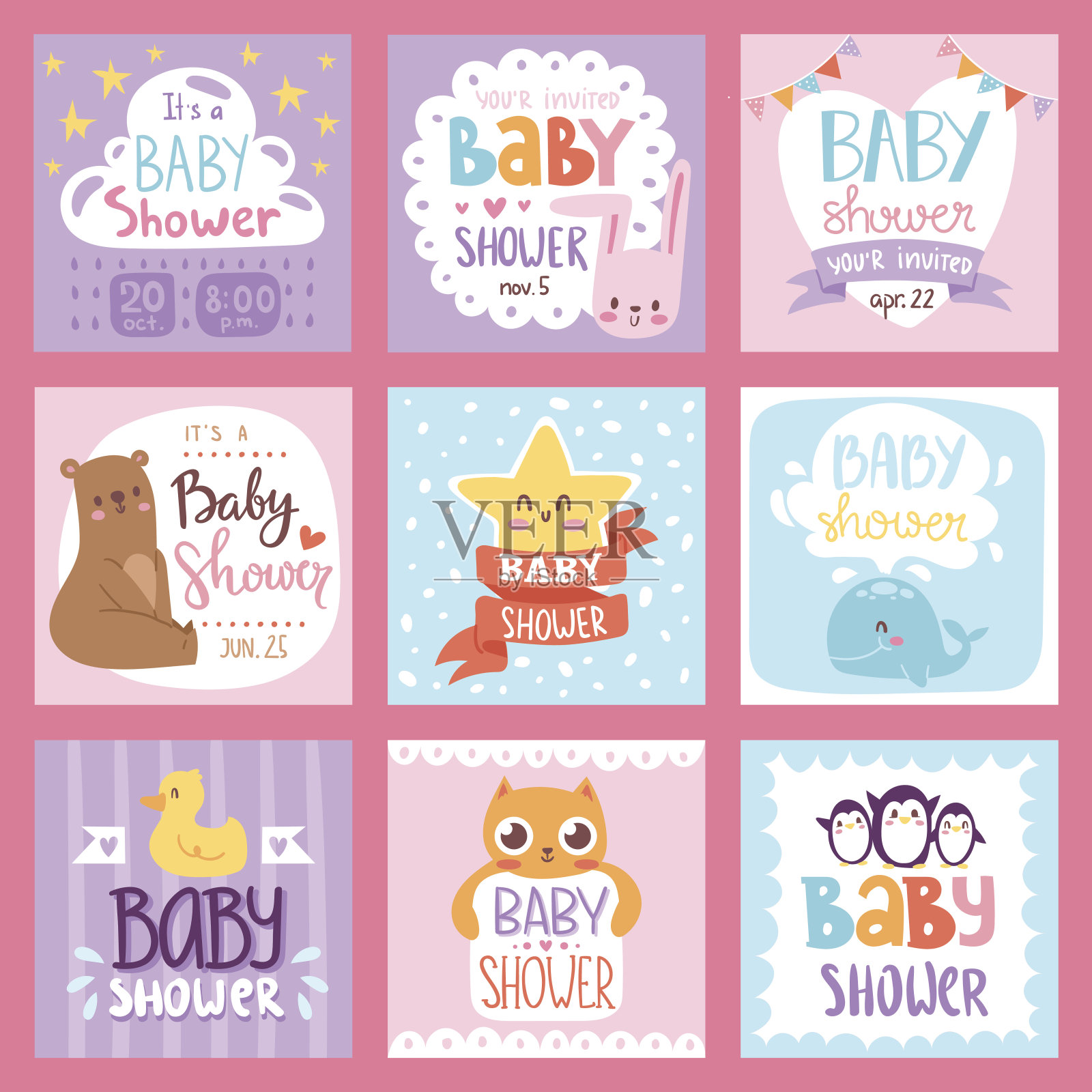 宝宝淋浴邀请向量集卡片印刷设计布局插图插画图片素材