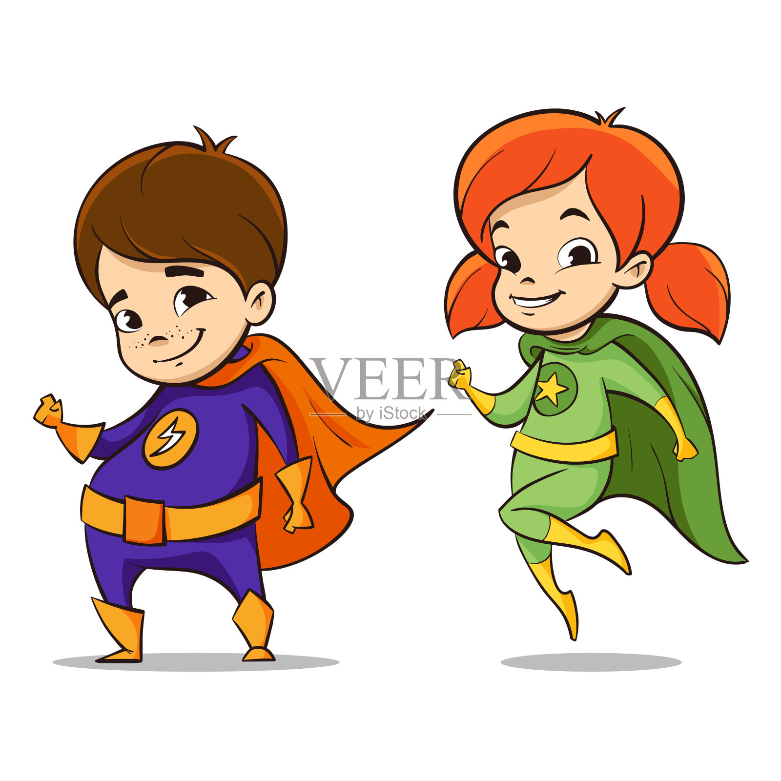 矢量手绘的彩色插图两个快乐的超级英雄孩子设计元素图片