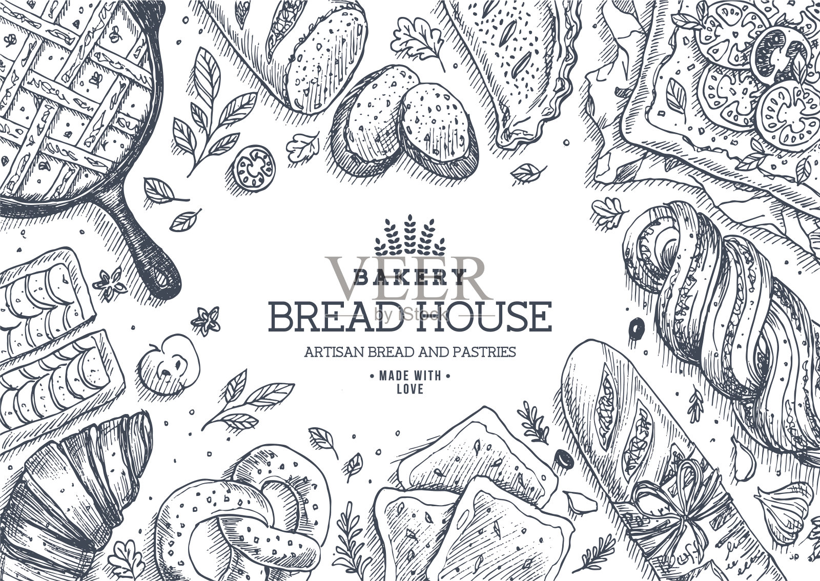 面包店的背景。线性图形。面包和糕点收藏。面包的房子。插画图片素材