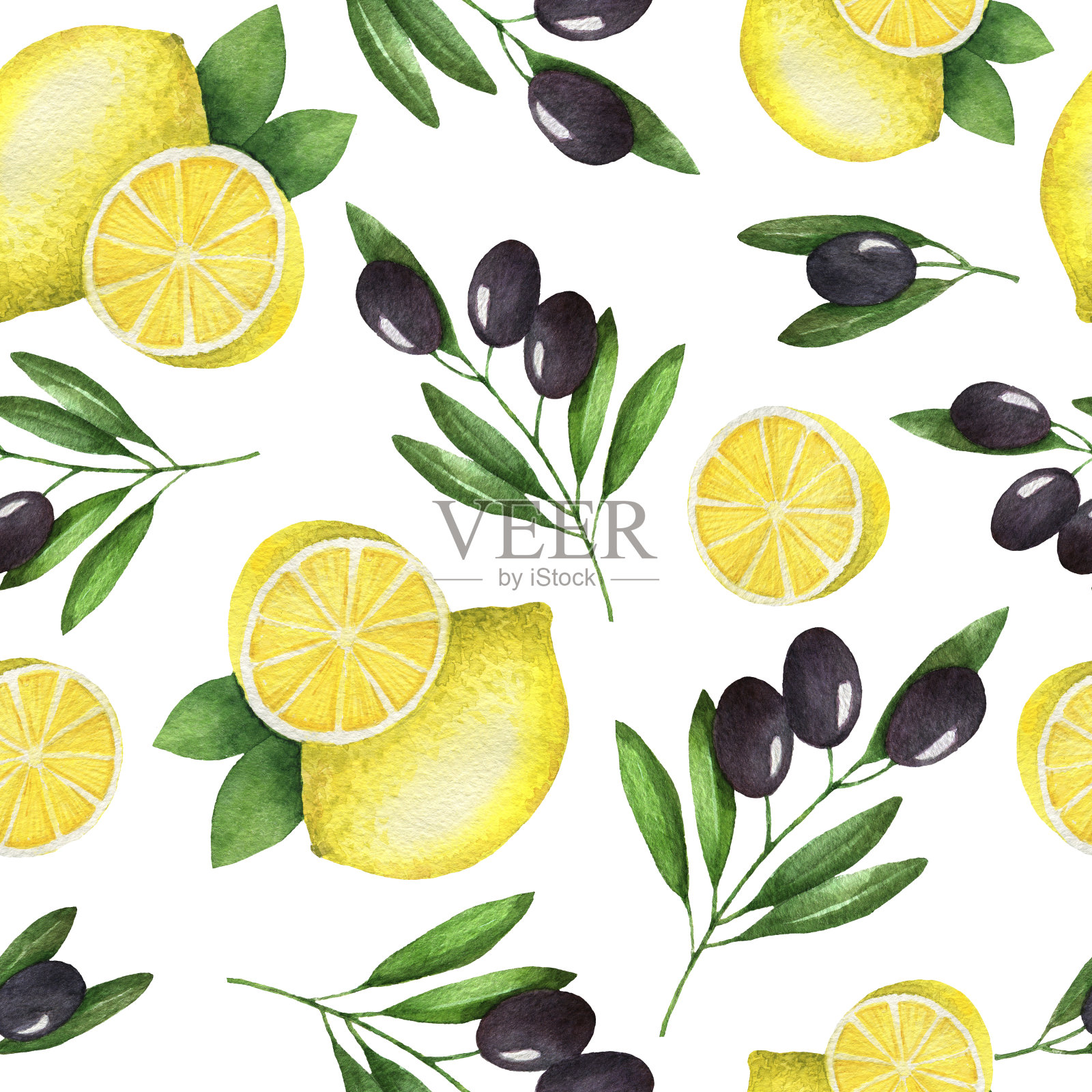 水彩无缝模式橄榄和柠檬。插画图片素材