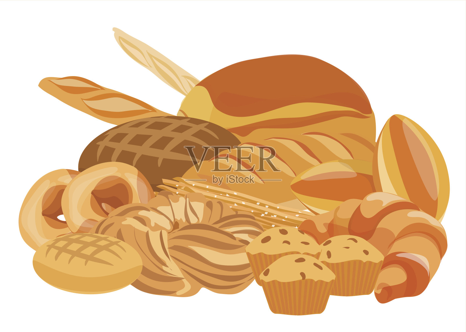 烘焙和糕点产品集于一体。面包，纸杯蛋糕，面团和蛋糕面包店。烘焙食品设计。插画图片素材