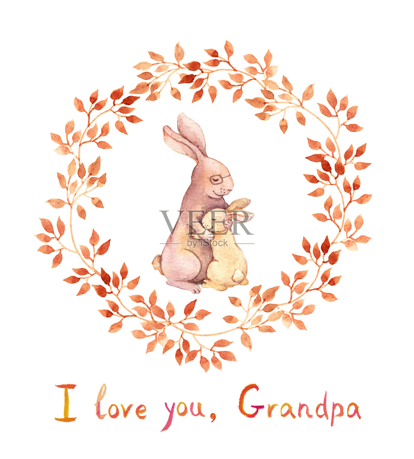 祖父母日卡。兔子爷爷拥抱孙子。水彩设计模板素材