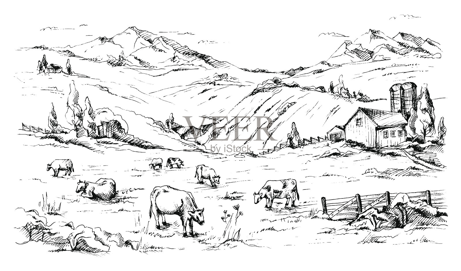 田园风光有牛和农场山景插画图片素材