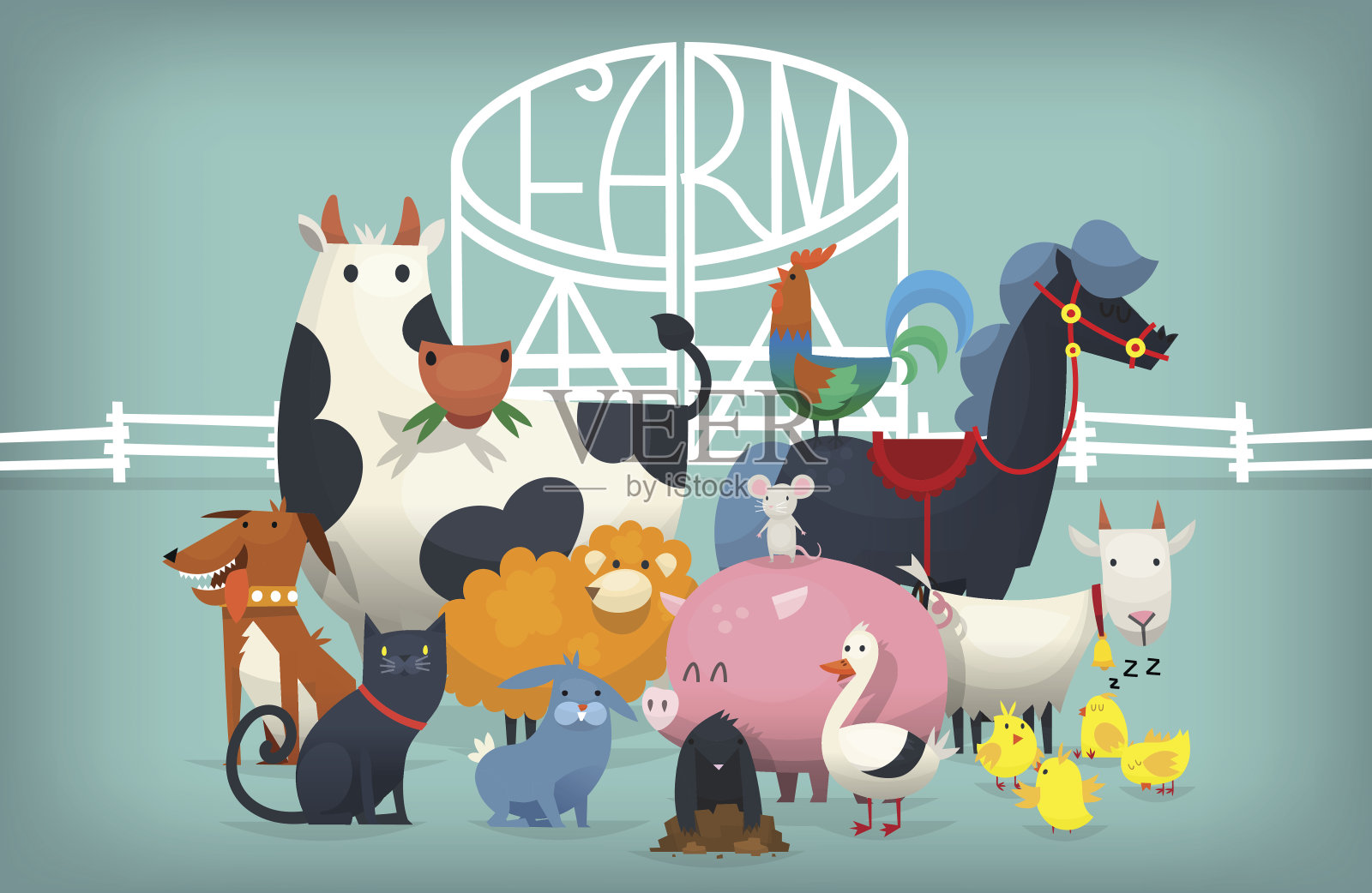 农场大门附近的鸟类和动物插画图片素材