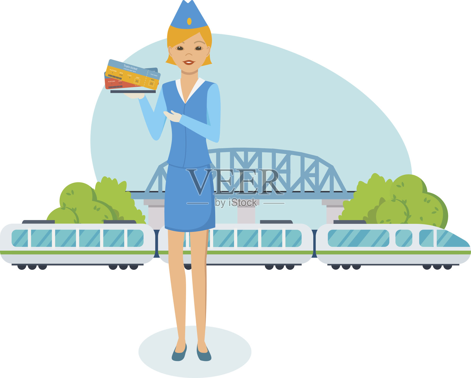火车站员工站在一列火车和一座桥附近插画图片素材