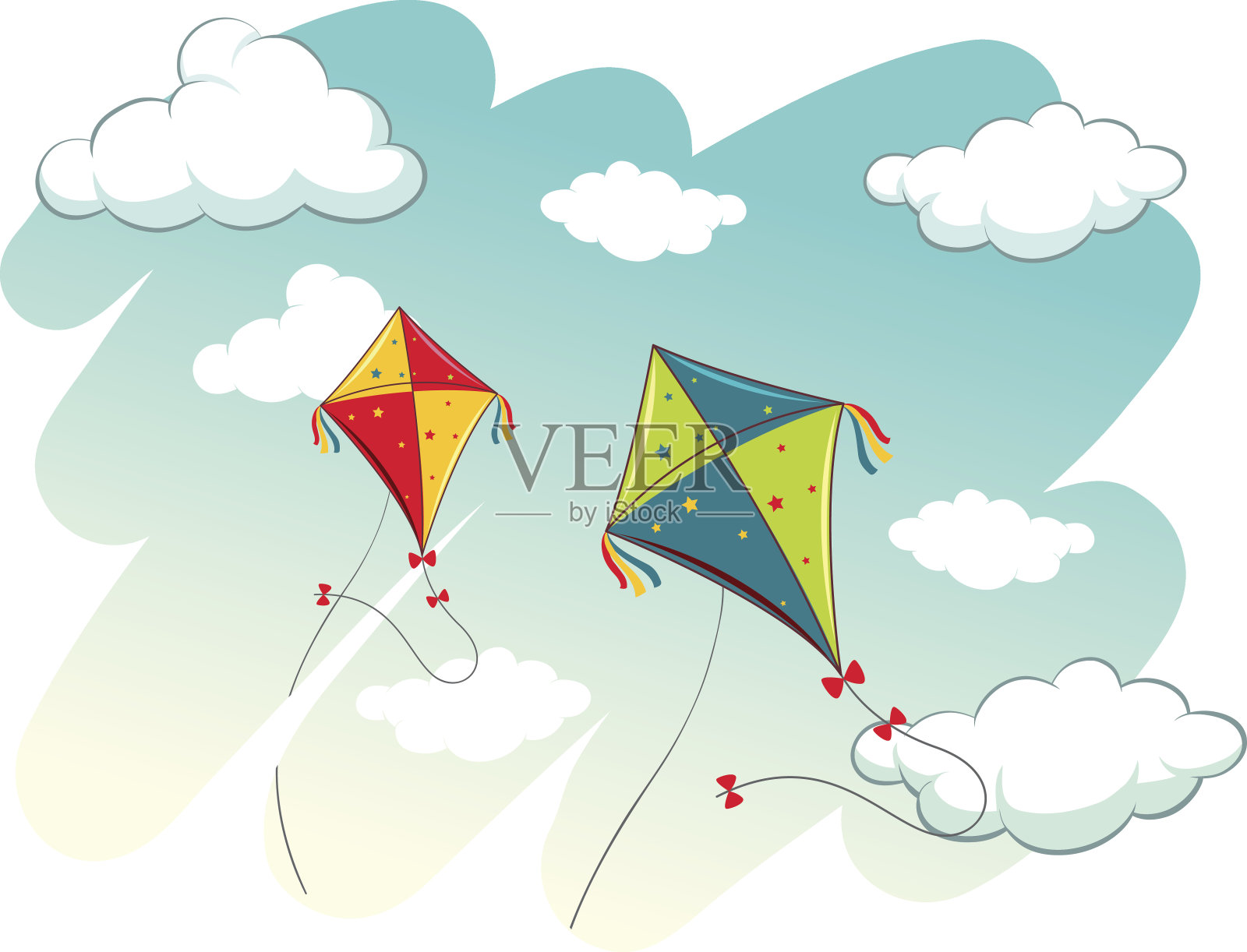 天空中有两只风筝的场景插画图片素材