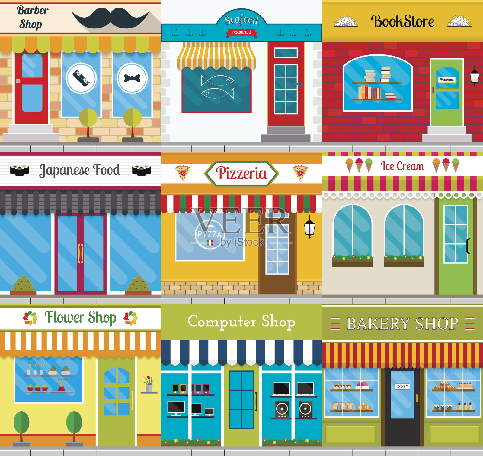 不同的店面设置在扁平风格。向量集合小商店和餐厅立面。插画图片素材