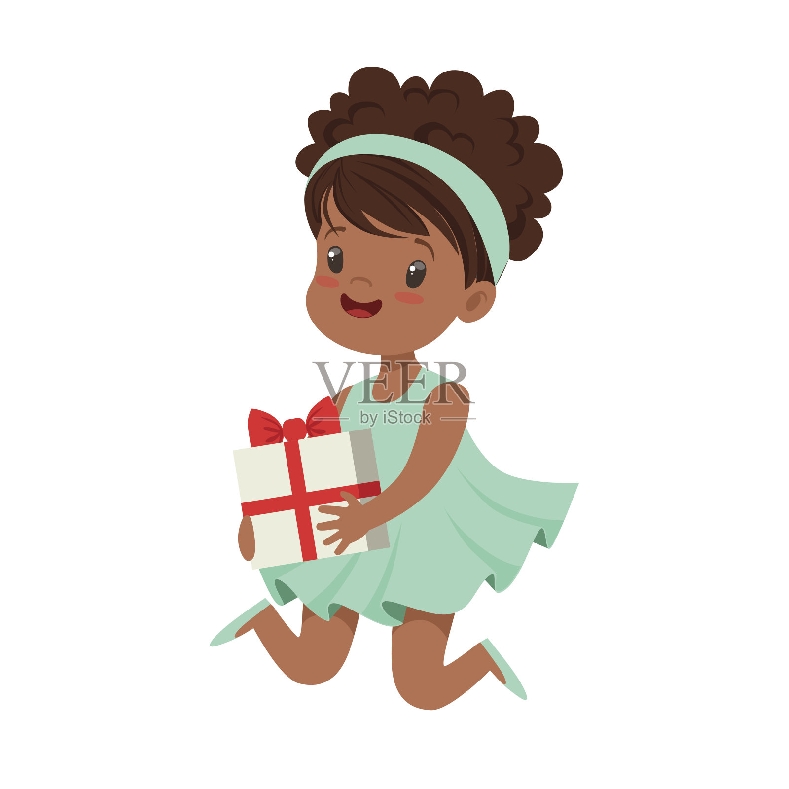 可爱快乐的小女孩穿着魔法薄荷裙坐在礼品盒。儿童生日派对彩色卡通人物矢量插图设计元素图片