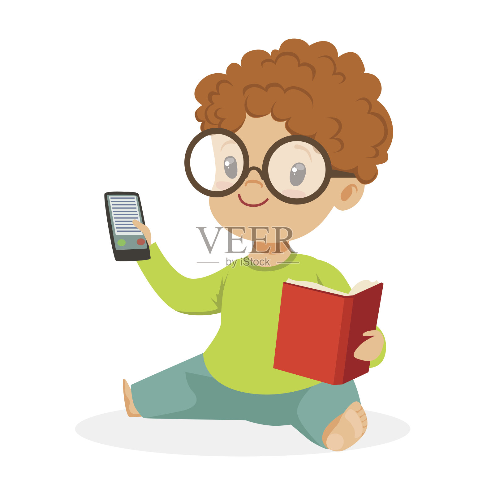 可爱的小男孩戴着眼镜坐在地板上玩着书和手机，彩色卡通人物矢量插画插画图片素材