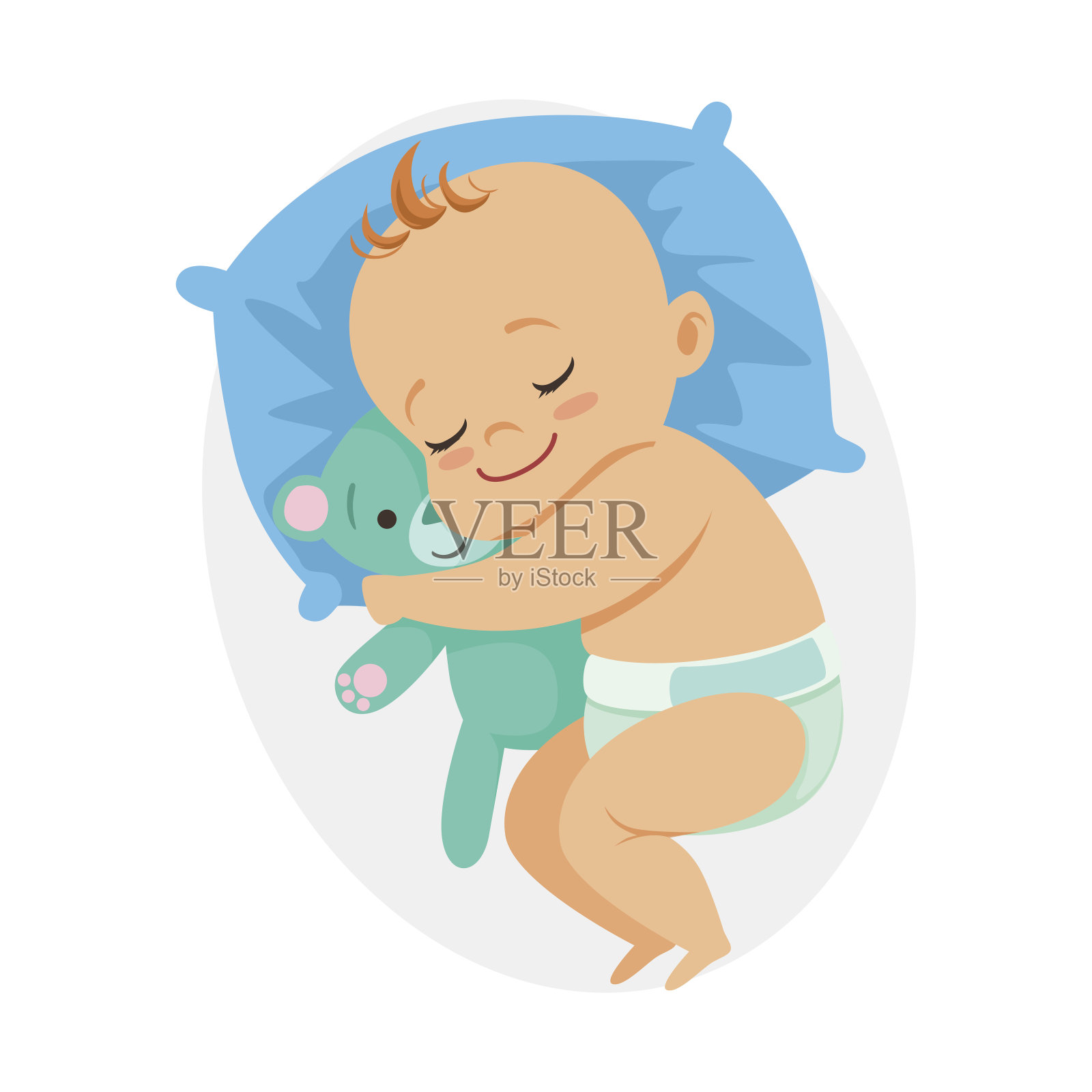 可爱的小婴儿睡在自己的床上，抱着泰迪熊，彩色卡通人物矢量插图设计元素图片