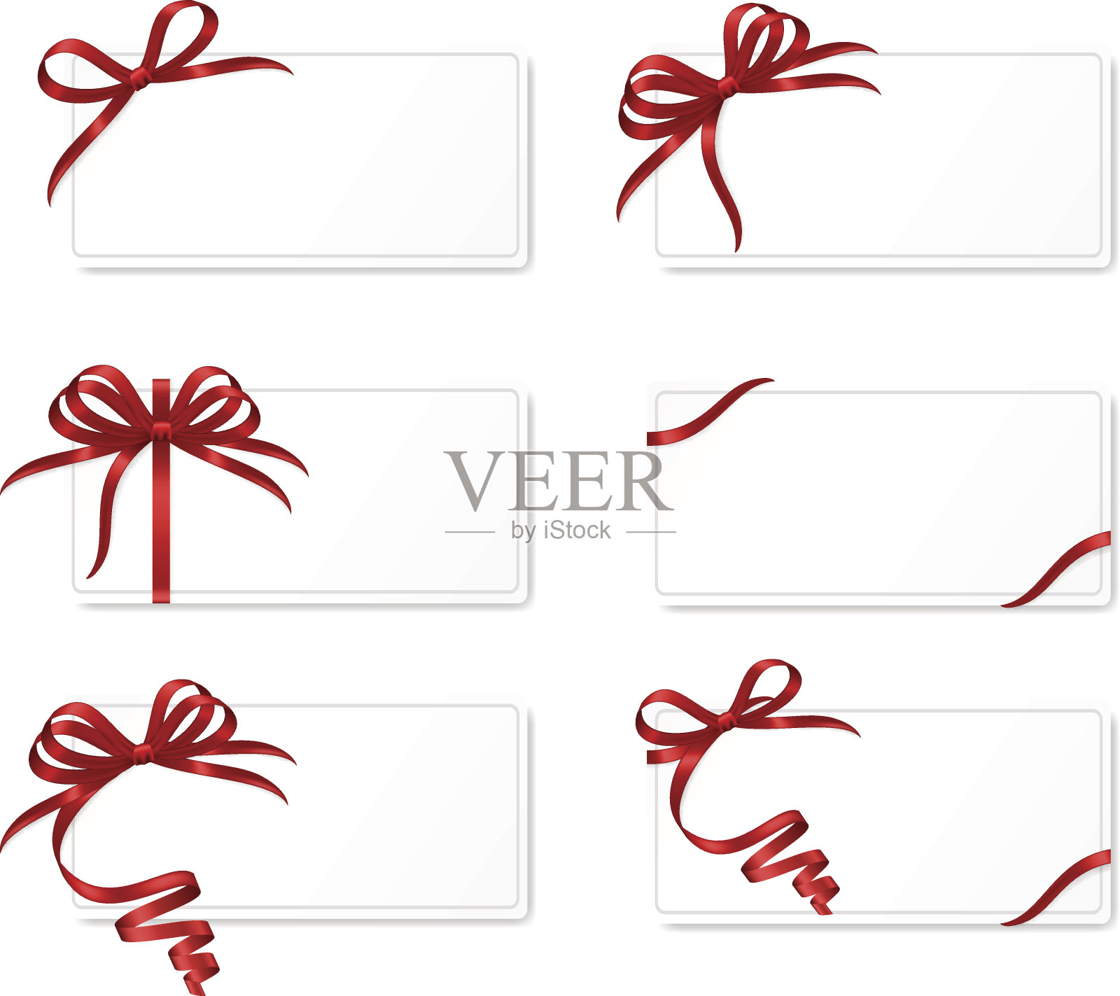 一套带有红色蝴蝶结和丝带的礼品卡。插画图片素材