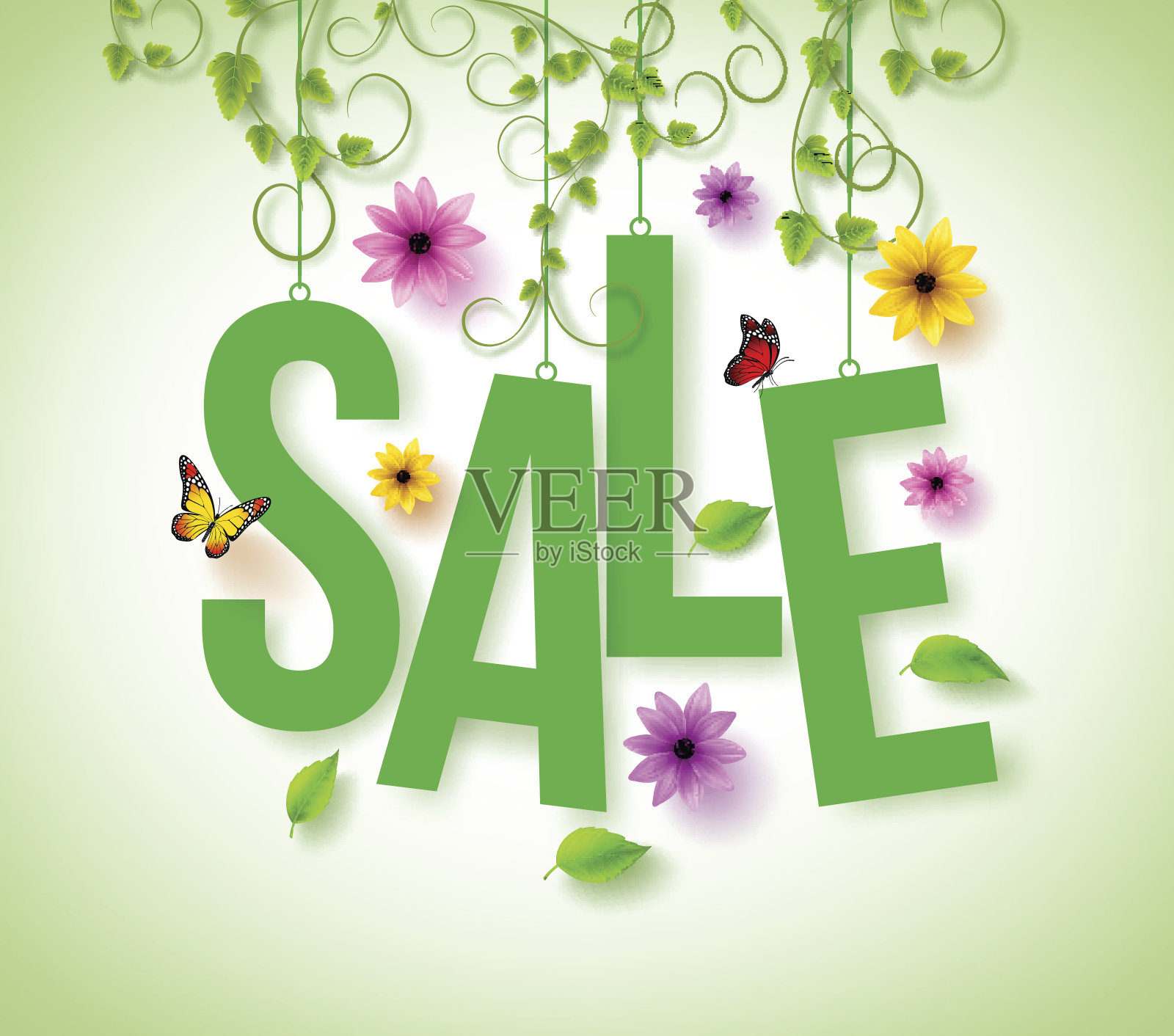 春季销售与Vector藤蔓，鲜花和飞舞的蝴蝶设计元素图片