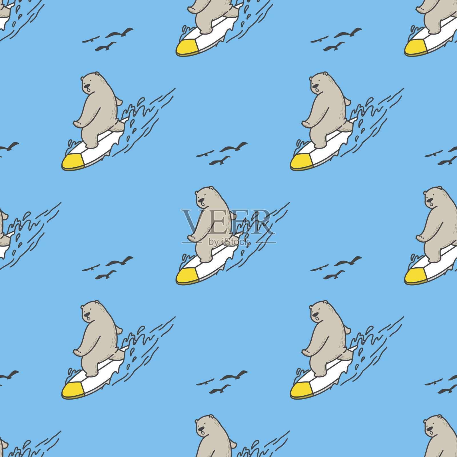 北极熊冲浪海洋假日无缝图案蓝黄色插画图片素材