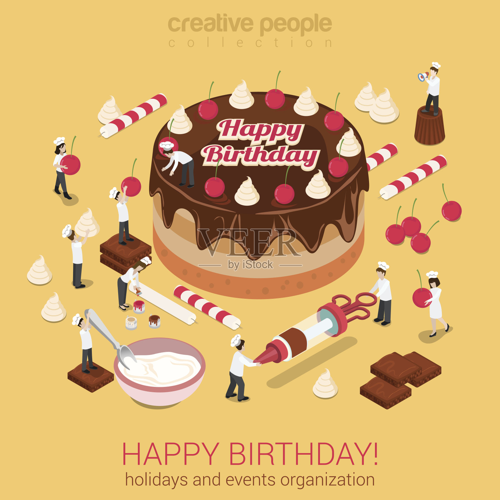 生日快乐蛋糕巧克力奶油挞与微型人面包师和糖果工具周围。创意平面三维等距概念假日活动组织服务或糖果业务。插画图片素材