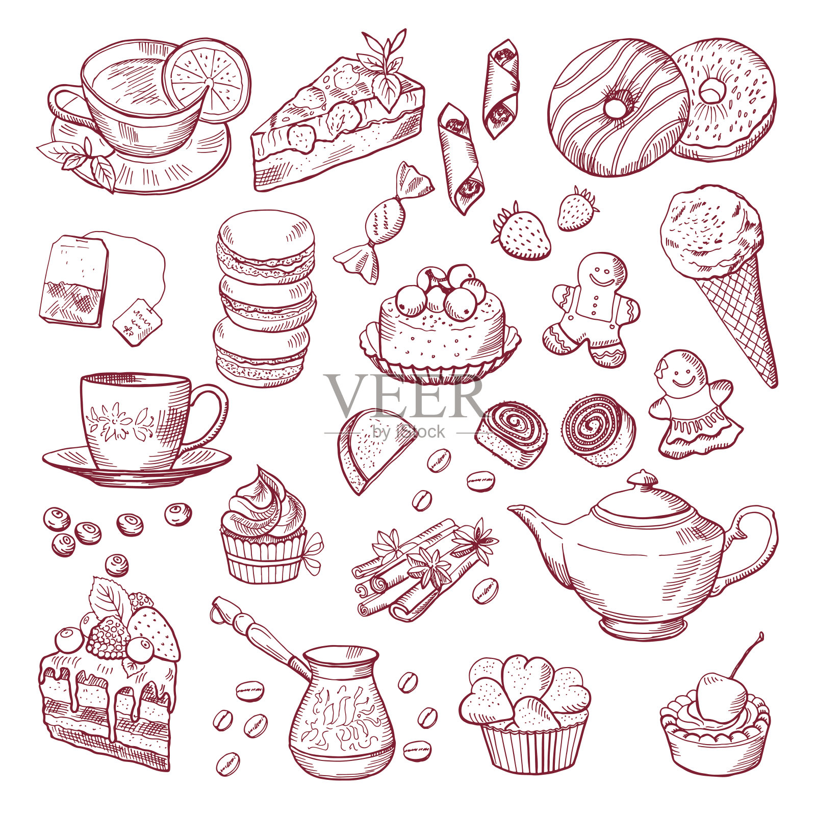 茶和咖啡的元素不同。糖果、蛋糕。手绘矢量图插画图片素材