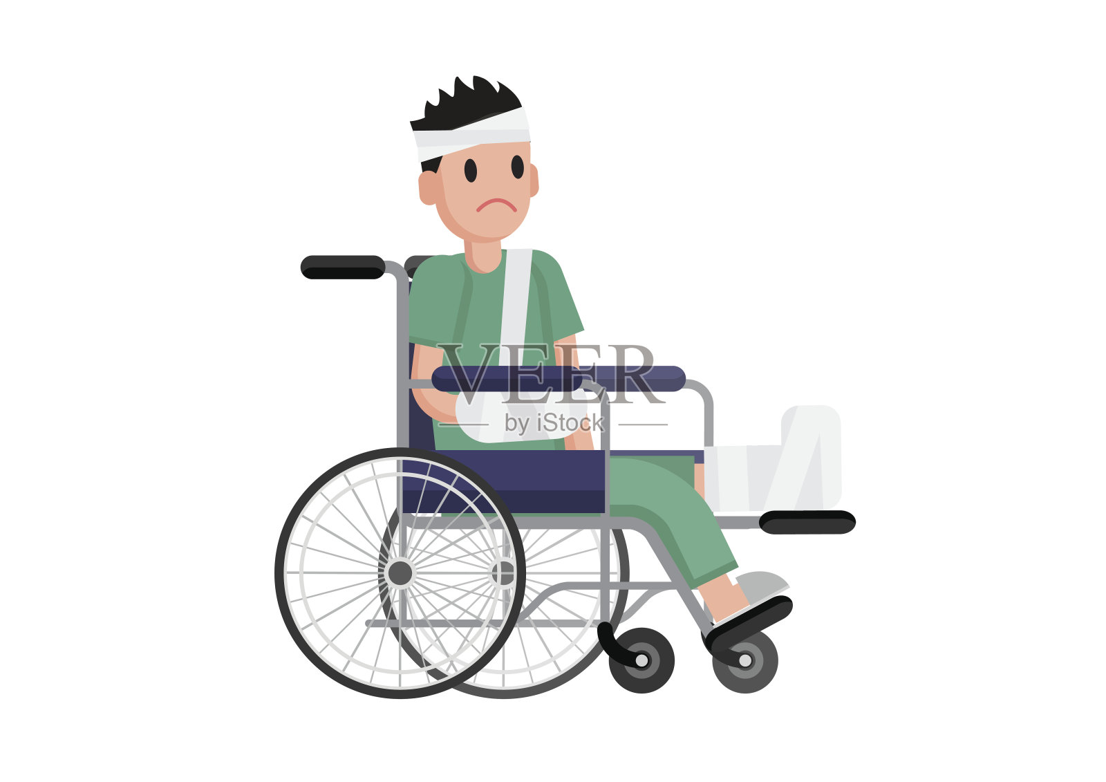 一个断了腿的人坐在轮椅上。插画图片素材