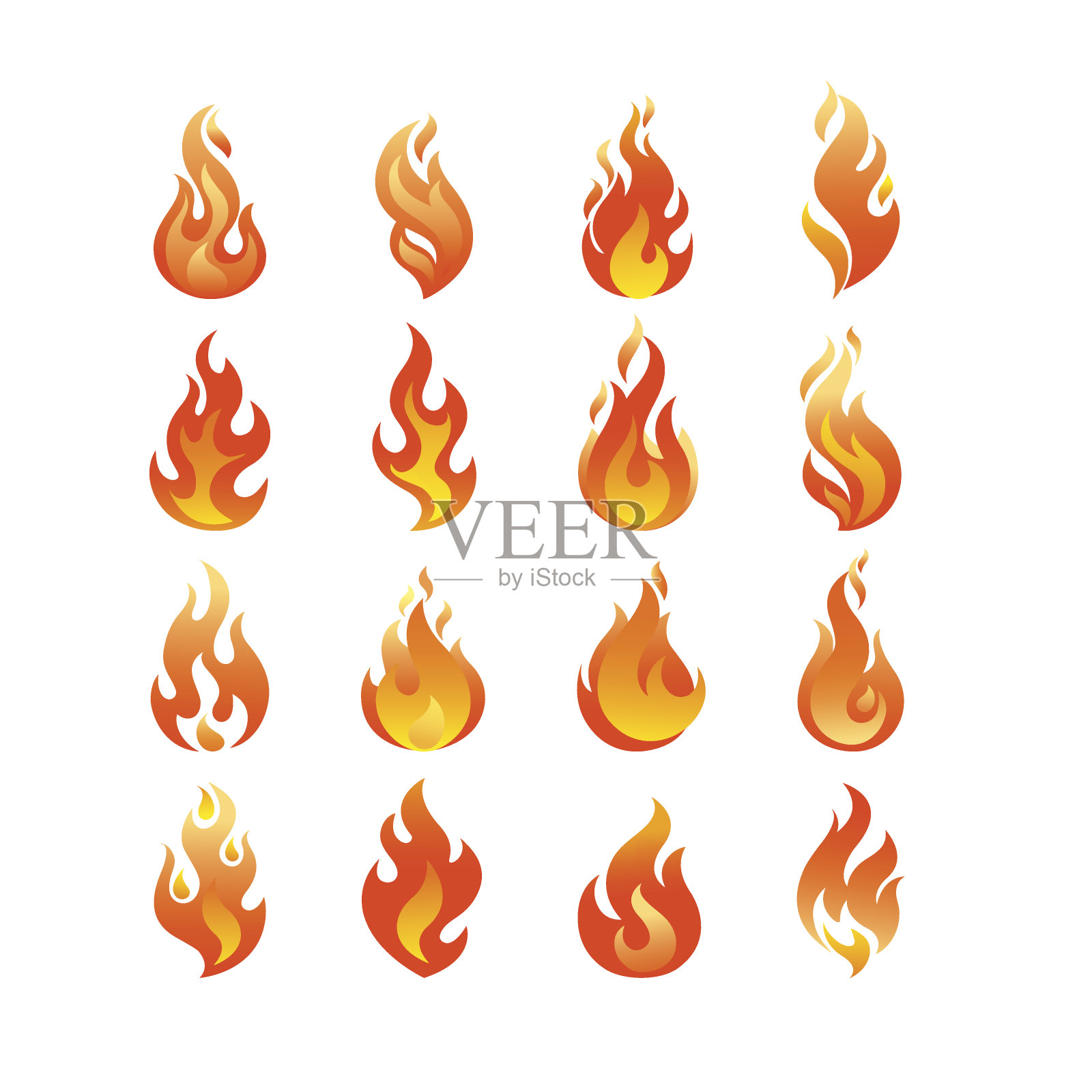 红色燃烧的火焰图标集设计矢量模板。燃烧火球概念图标包。热地狱插图。篝火创造性的集合。图标素材