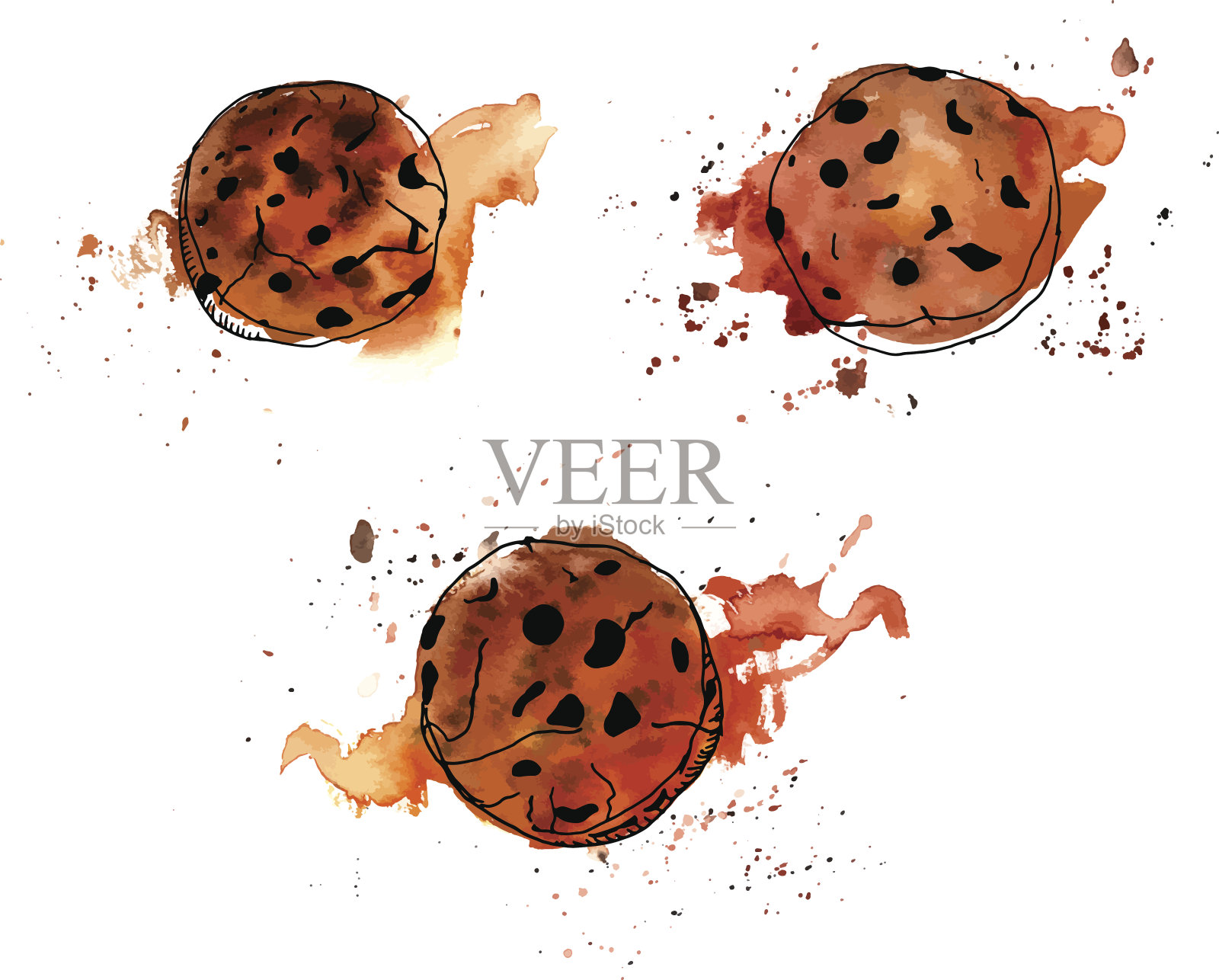 水彩画巧克力片，饼干和泼洒的颜料插画图片素材