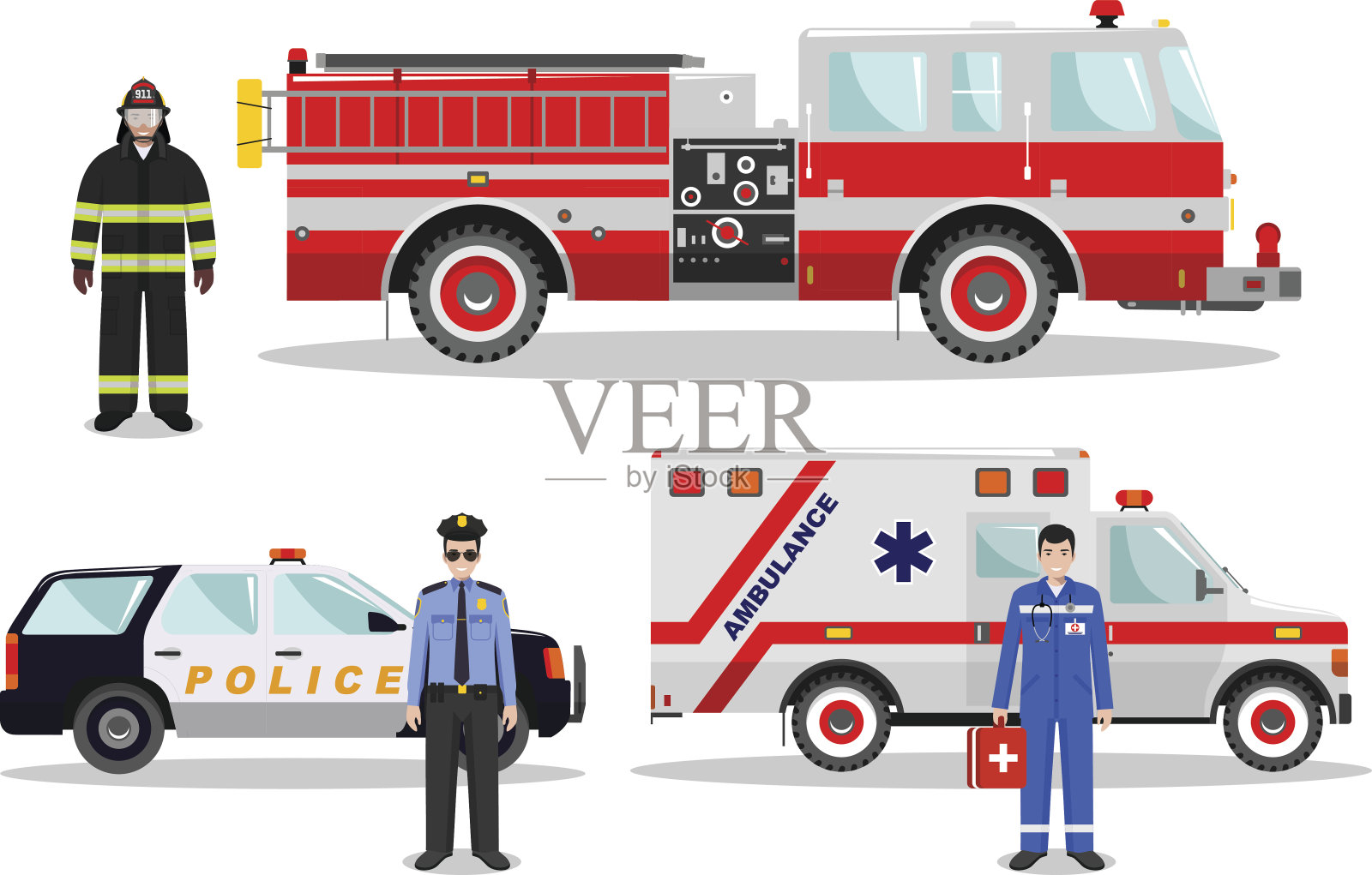 紧急的概念。白底上的消防队员、医生、警察与消防车、救护车和警车的详细说明。矢量图设计元素图片
