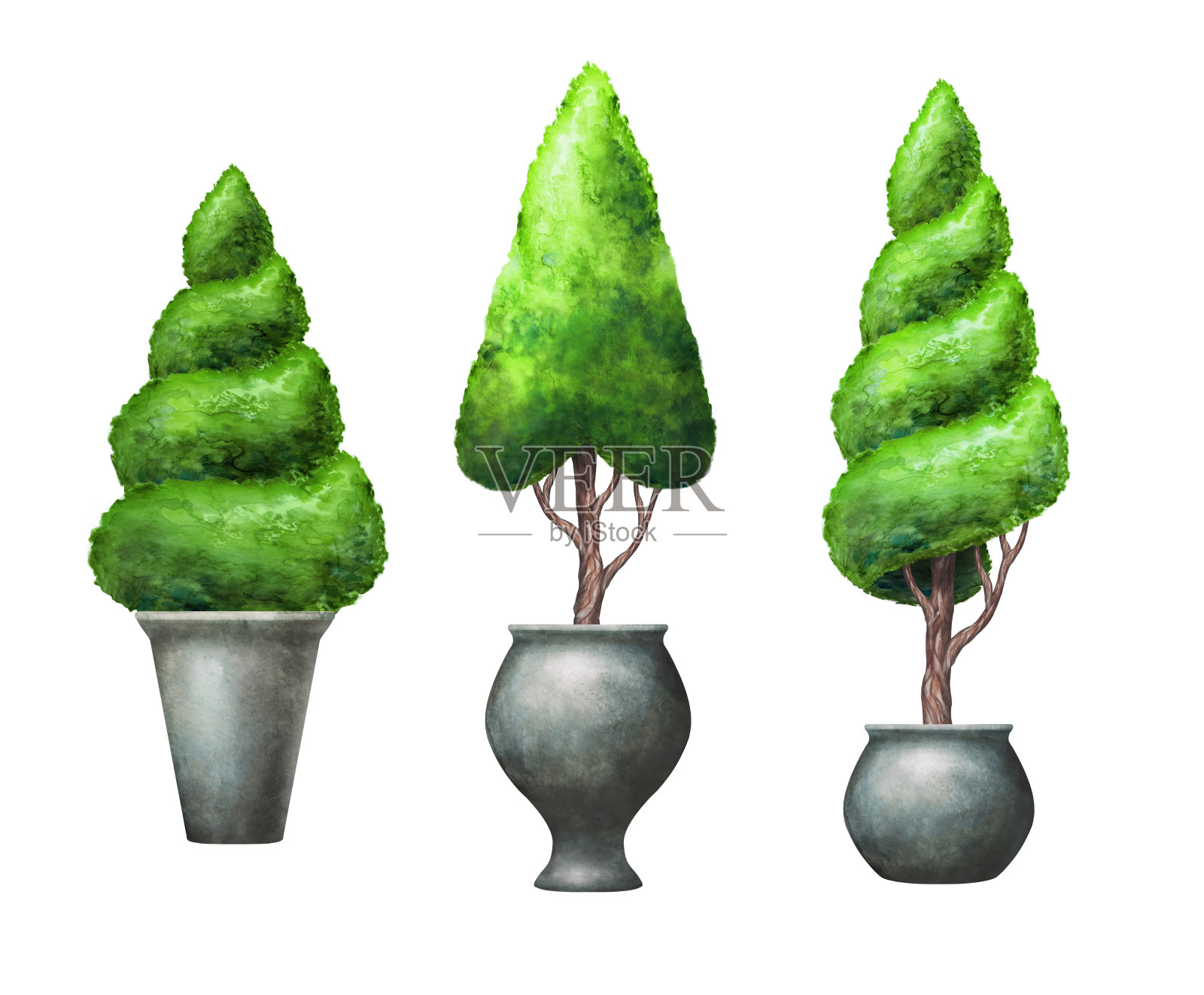 水彩修剪树木，孤立的设计元素设置，绿色植物剪辑艺术插画图片素材