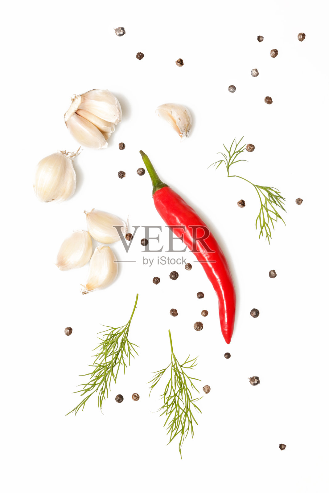 香料俯视图-大蒜，莳萝，红辣椒和胡椒照片摄影图片