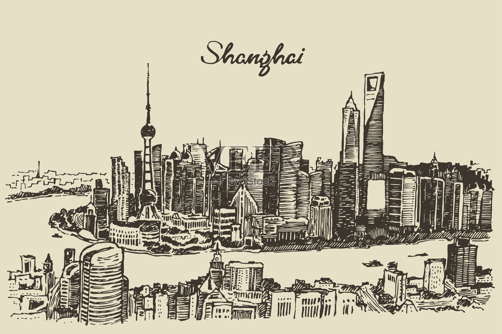 上海城市建筑中国古董素描插画图片素材