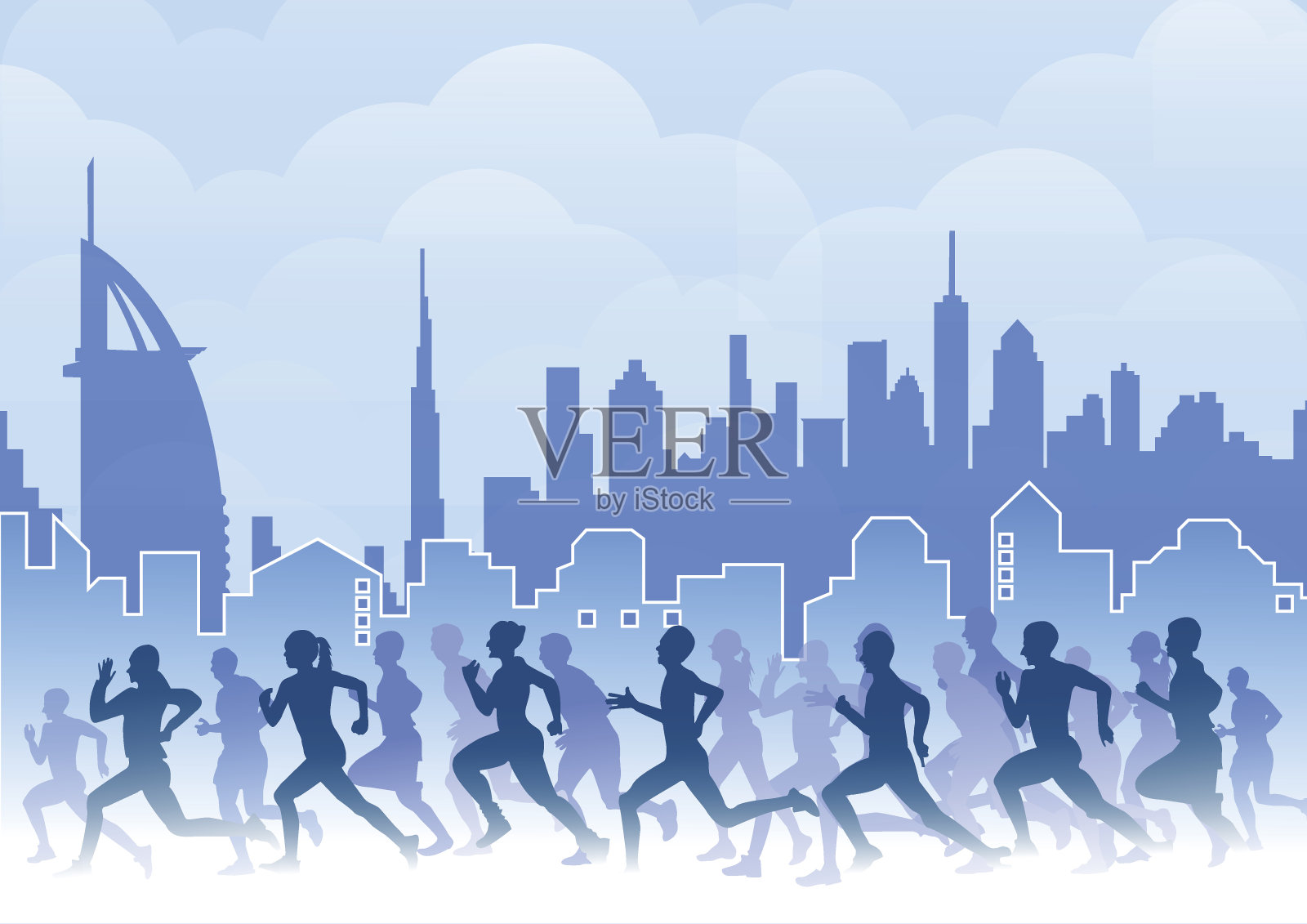 马拉松选手群的城市背景插画图片素材