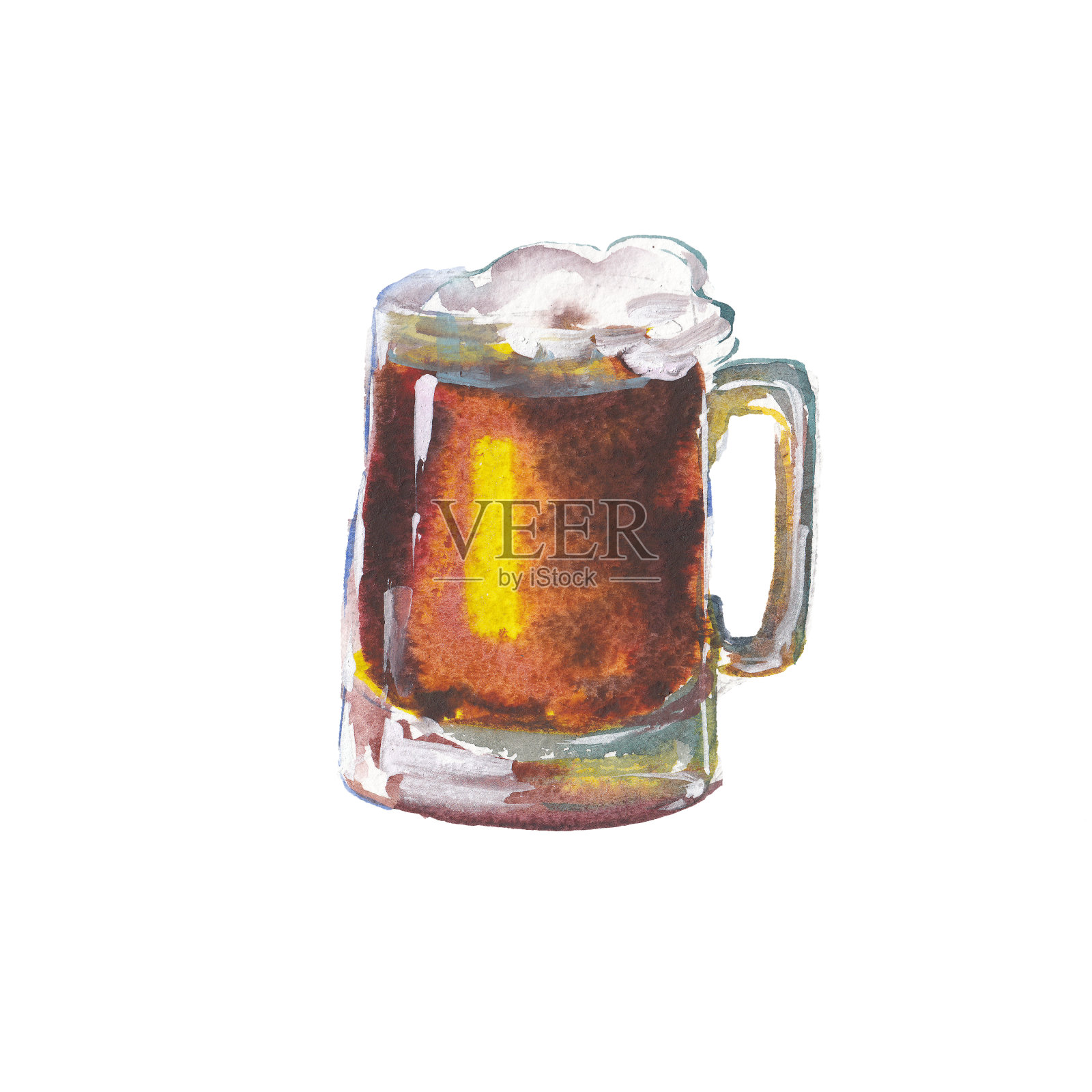 玻璃与淡鲜啤酒孤立在白色背景，水彩插图手绘风格。插画图片素材