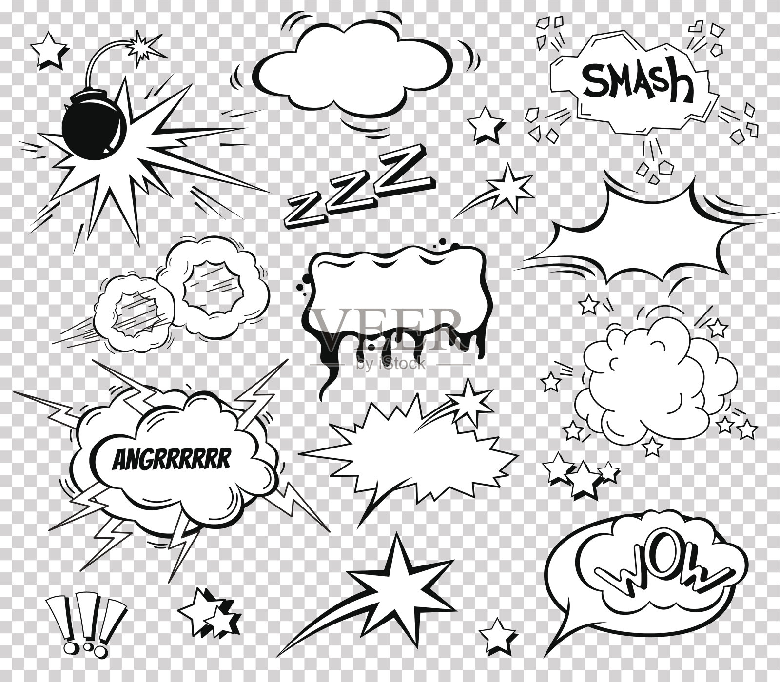 大套卡通，漫画演讲泡泡，空洞的对话云在波普艺术风格。矢量插图漫画书，社交媒体横幅，宣传材料设计元素图片