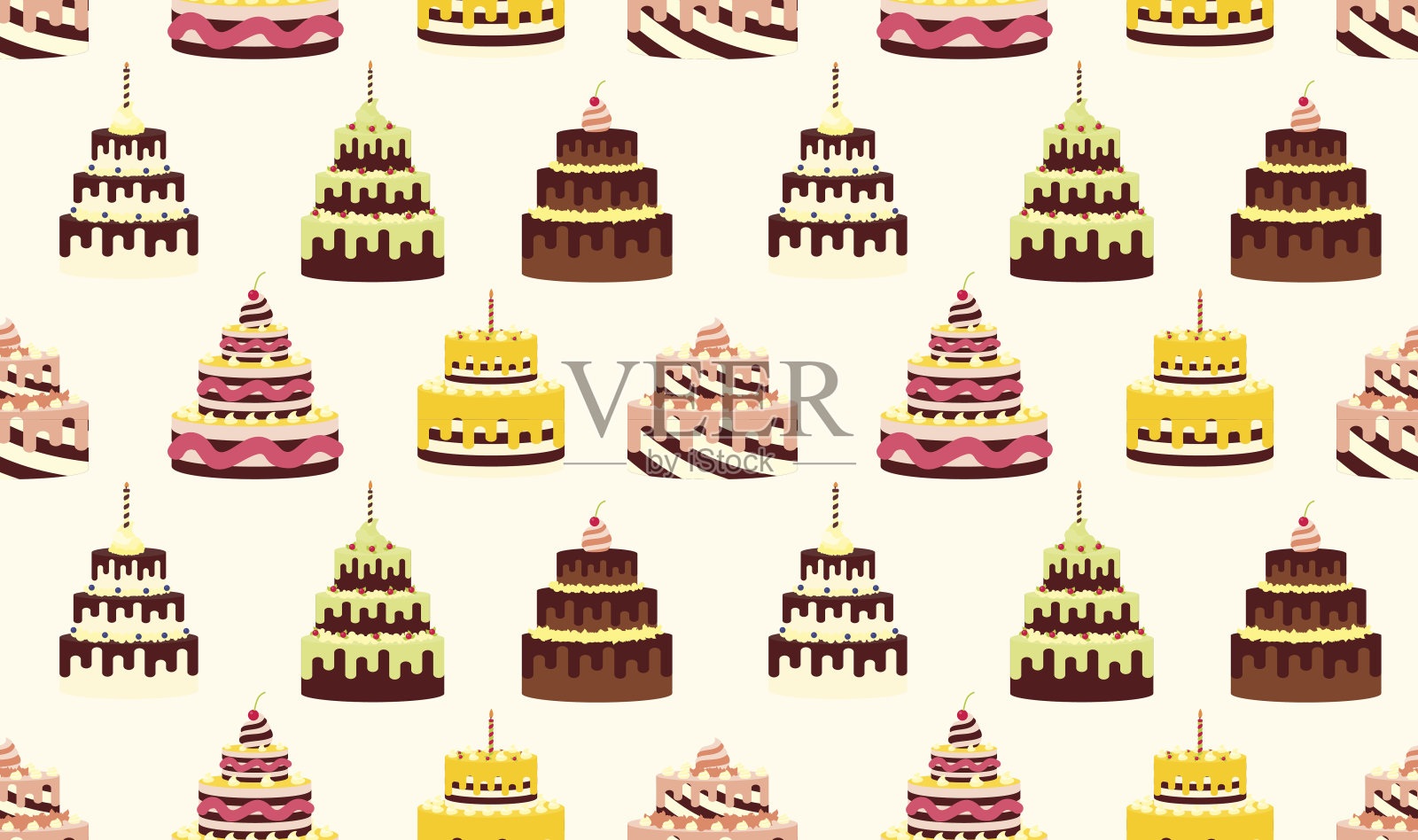无缝模式与不同的蛋糕奶油生日，婚礼，周年纪念和其他庆祝活动。白色背景上的平面设计的矢量插图插画图片素材