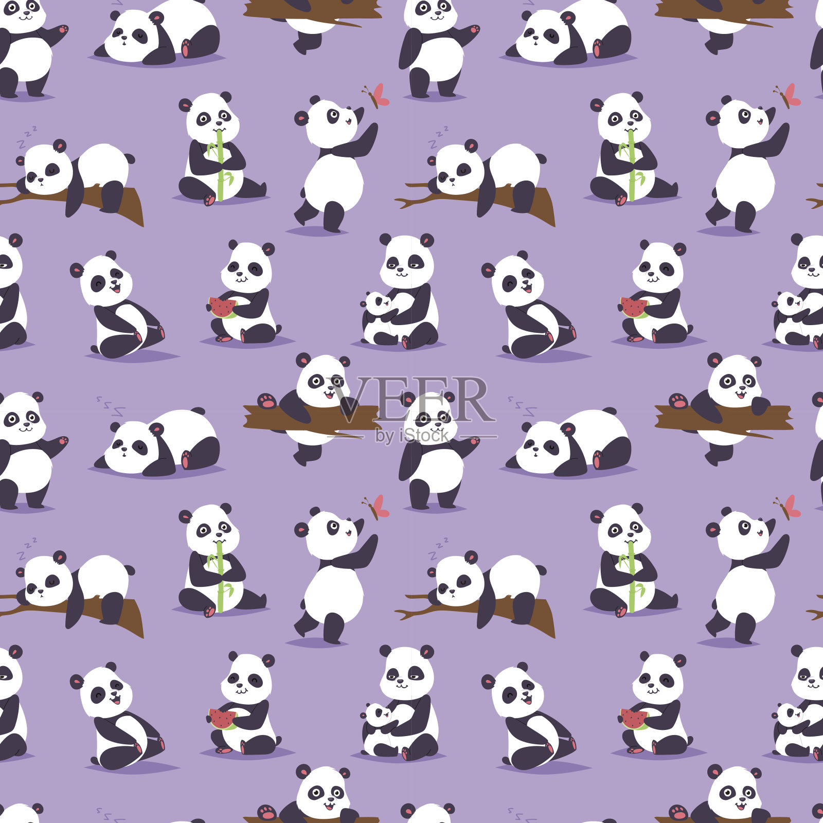 熊猫熊的特征不同姿态矢量无缝图案插画图片素材