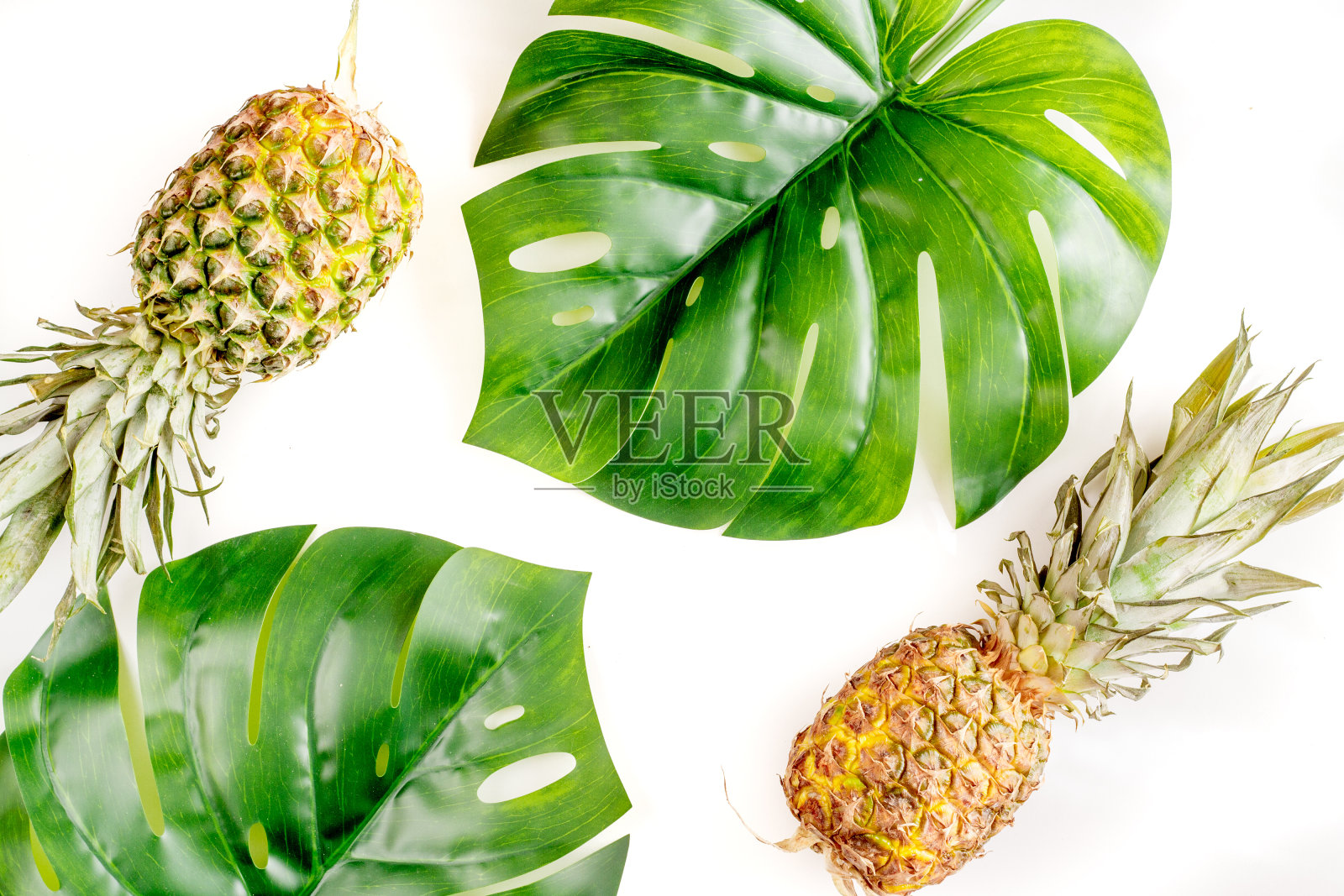 夏季甜点与菠萝和植物在白色的背景俯视图照片摄影图片