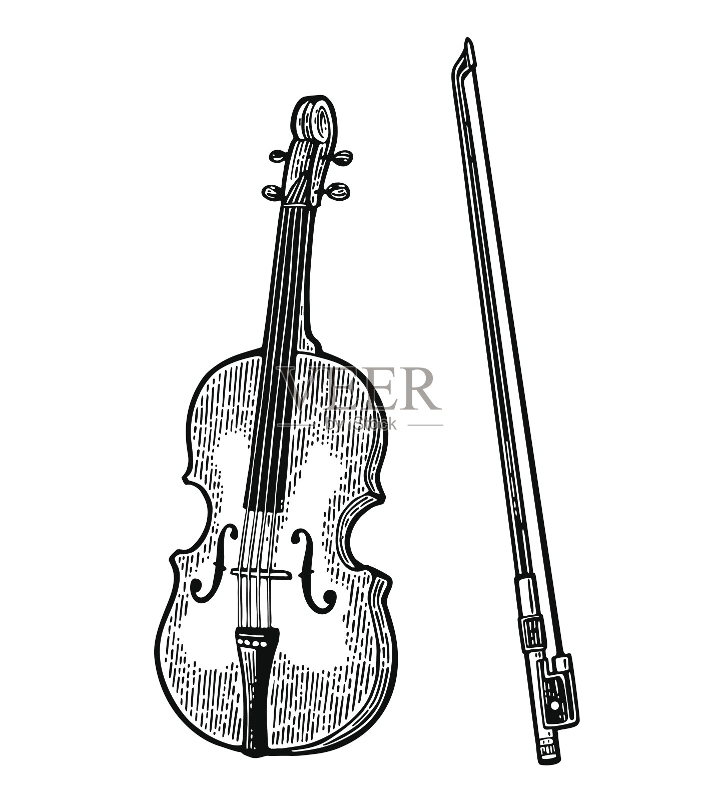 小提琴。复古黑色版画插画设计元素图片