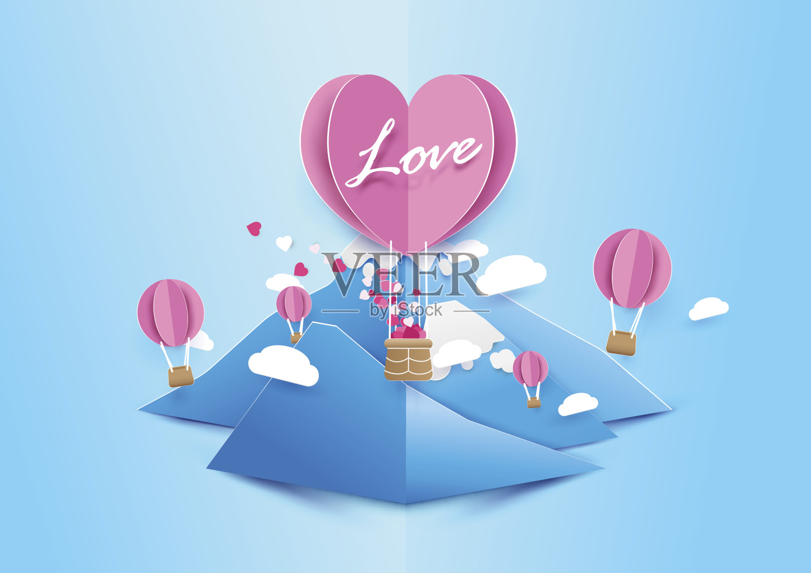 纸艺术风格心形气球与云飞越山。爱的概念。情人节的背景插画图片素材