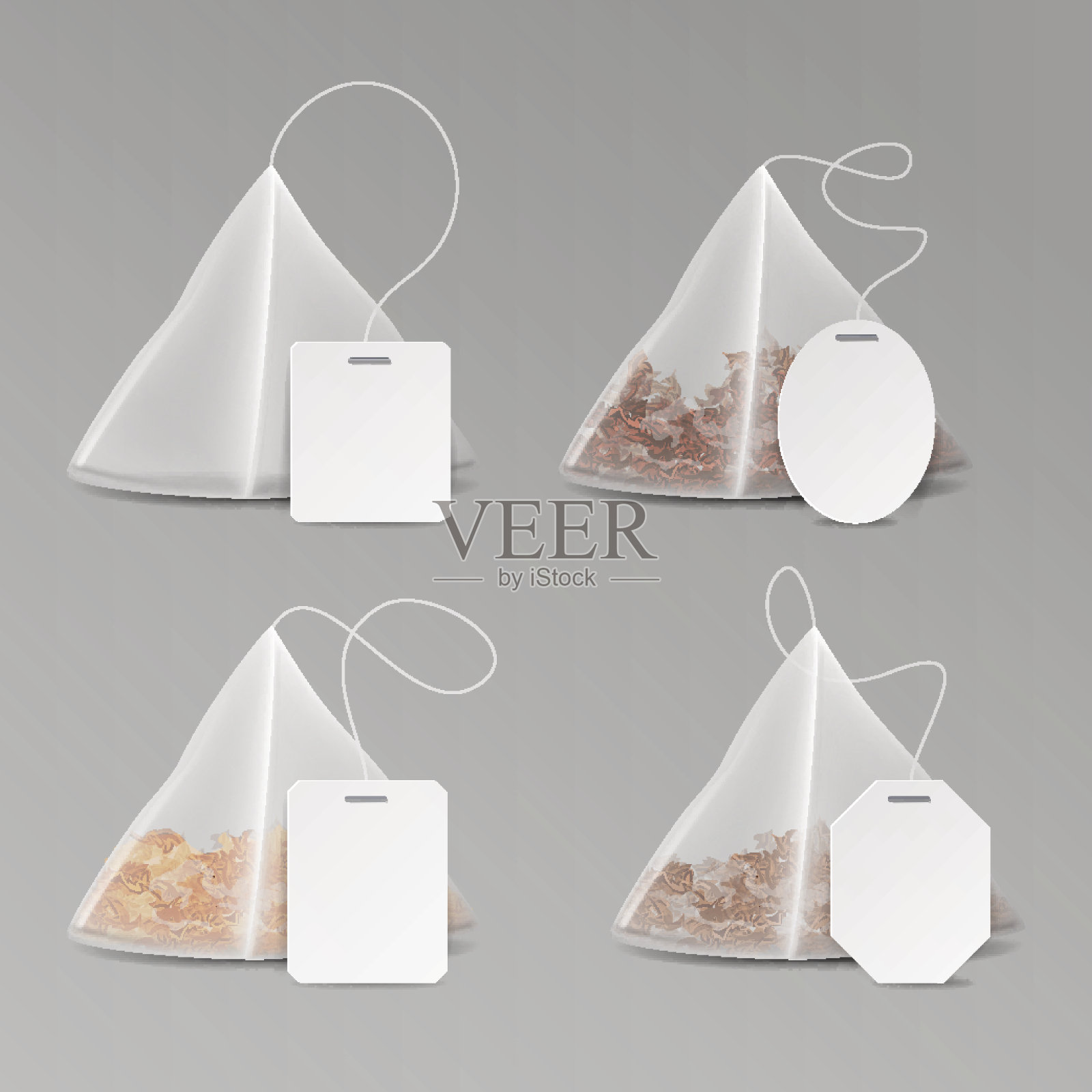 金字塔形茶包套装。模拟与空的正方形，矩形标签。3D现实的茶袋模板。矢量图插画图片素材