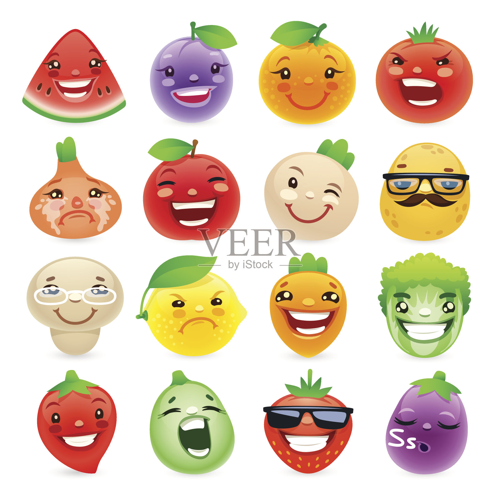 有趣的卡通水果和蔬菜与不同的情绪设计元素图片