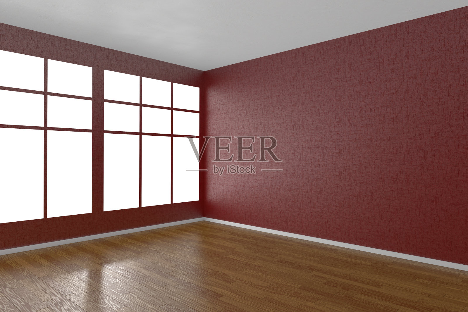 有窗户的红色空房间的一角照片摄影图片
