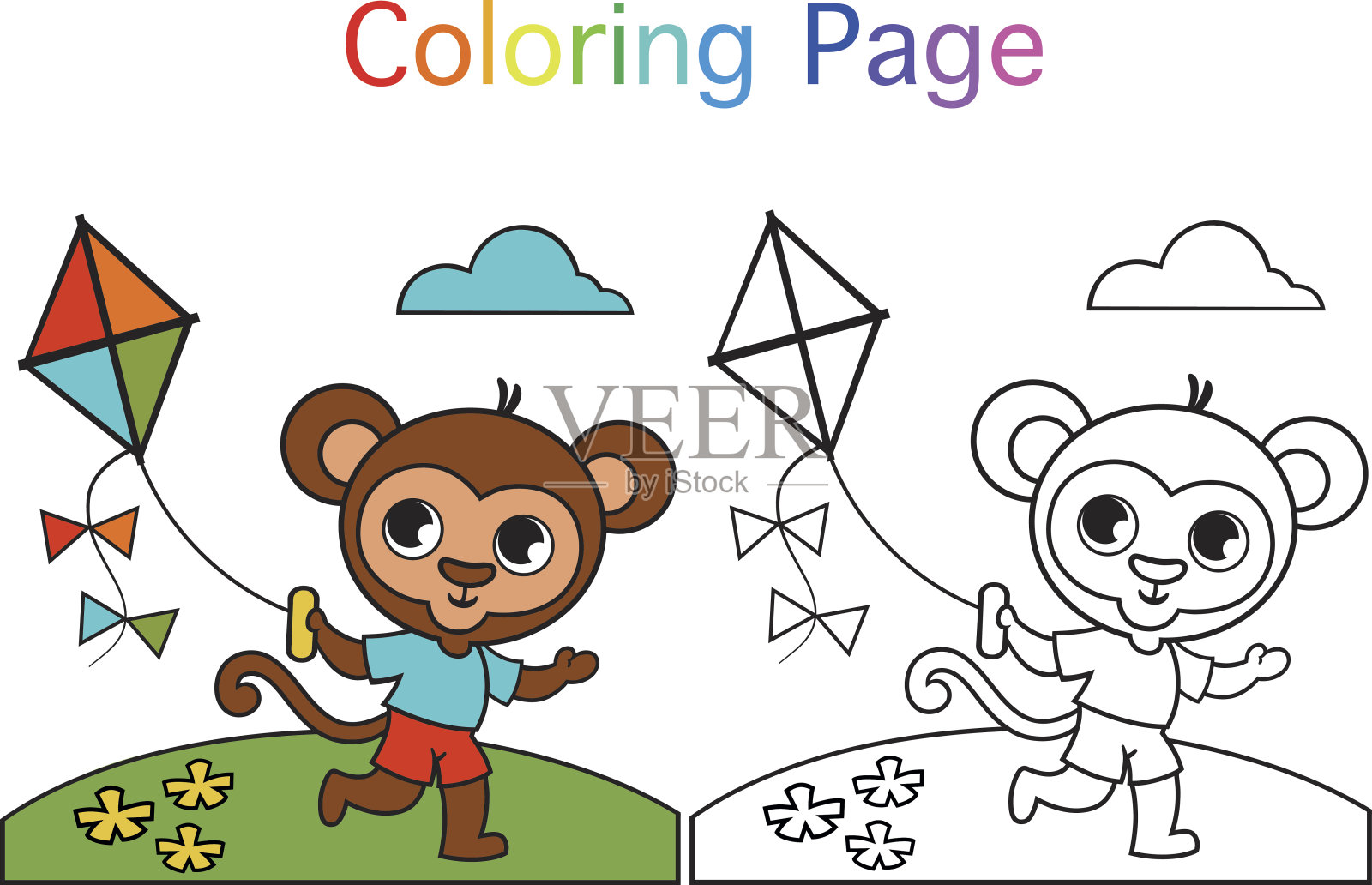 可爱的猴子涂色页(矢量插图)设计元素图片