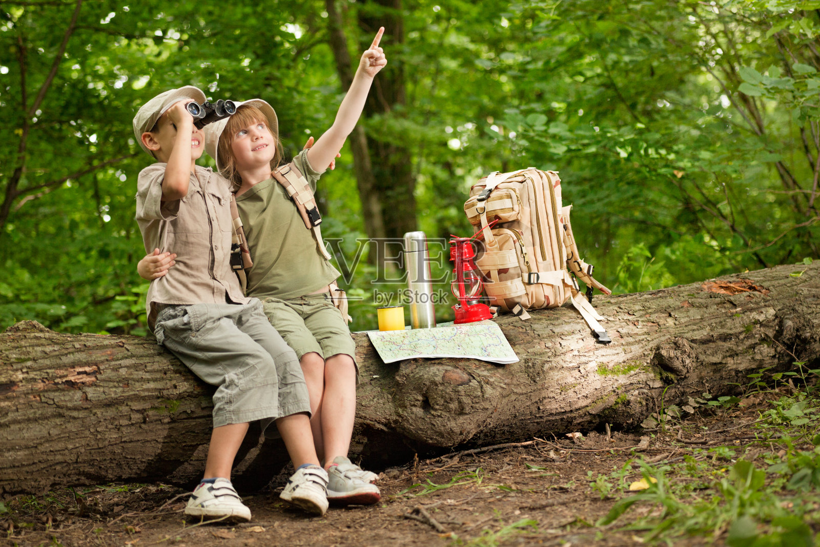 一个男孩和一个女孩用双筒望远镜看鸟，在树林里露营照片摄影图片