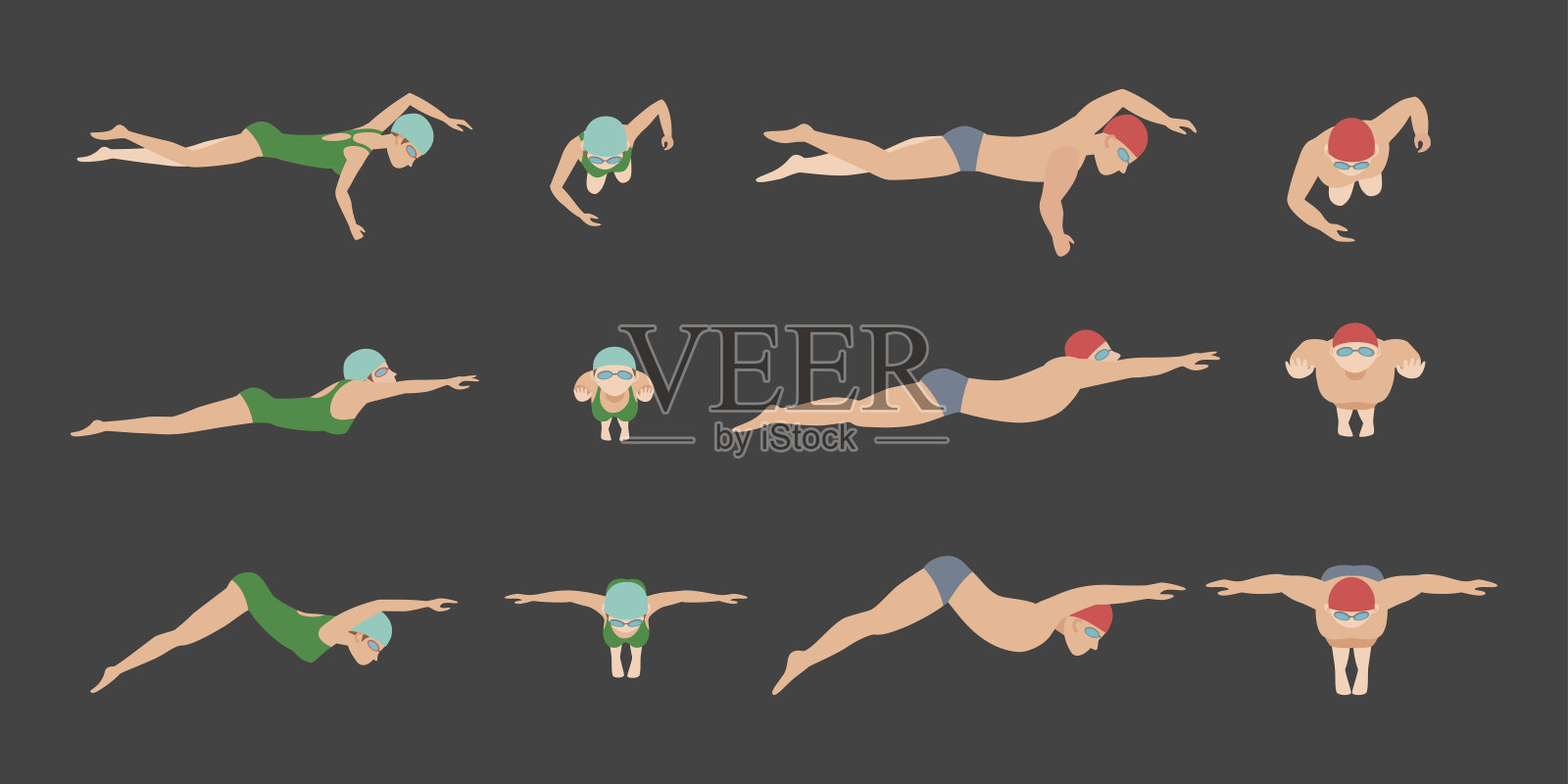 矢量图解的游泳风格方案不同的游泳运动员在游泳池运动的男子和女子锻炼插画图片素材