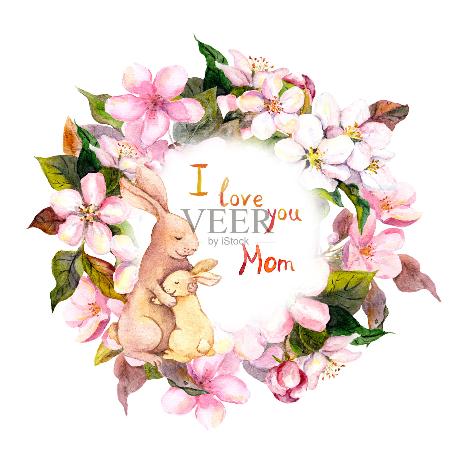 兔妈妈抱着花环上的宝宝。母亲节贺卡。水彩插画图片素材