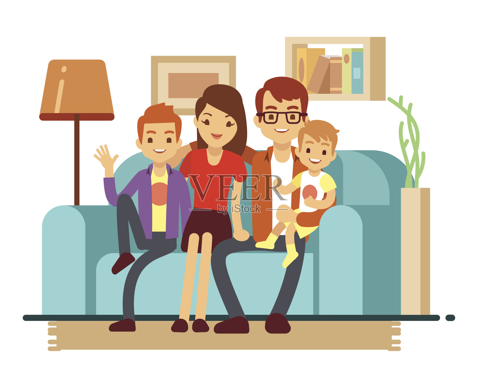微笑年轻幸福的家庭在沙发上。男人，女人和他们的孩子在客厅矢量插图插画图片素材
