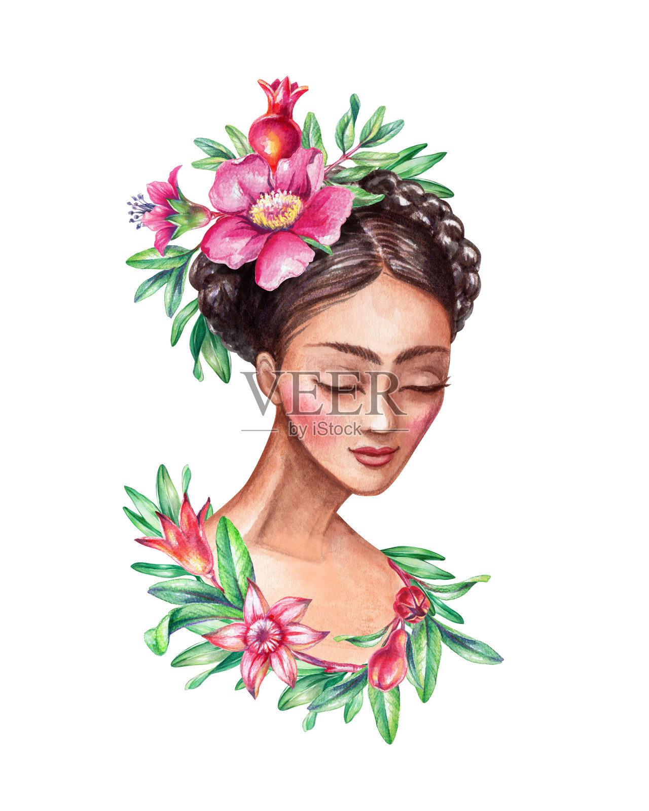 水彩插图，美丽的年轻女子肖像，编织装饰着石榴花，绿色的叶子，发型，剪贴艺术孤立在白色的背景插画图片素材