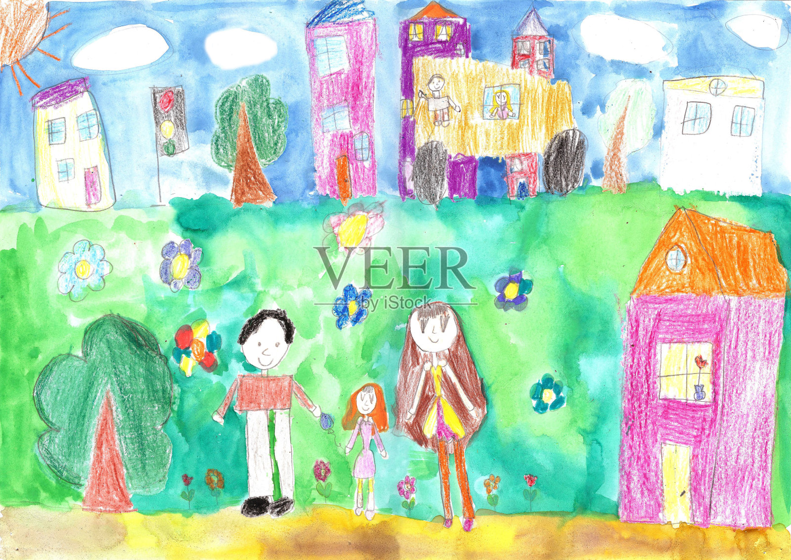 孩子画幸福的家庭，建筑，汽车插画图片素材