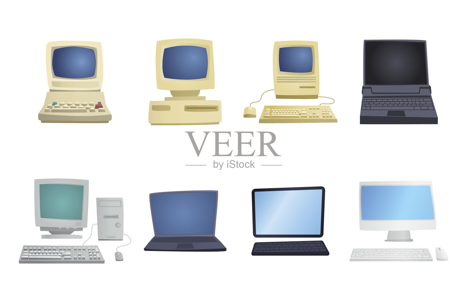 复古的电脑项目经典的古董技术风格的商业个人设备和复古的pc桌面硬件通信对象矢量插图设计元素图片