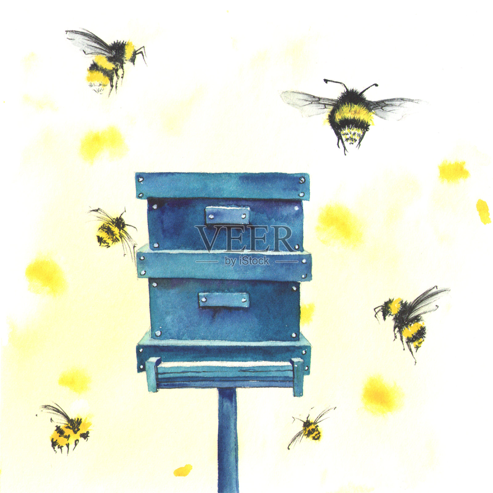 水彩画蜂箱和蜜蜂插画图片素材