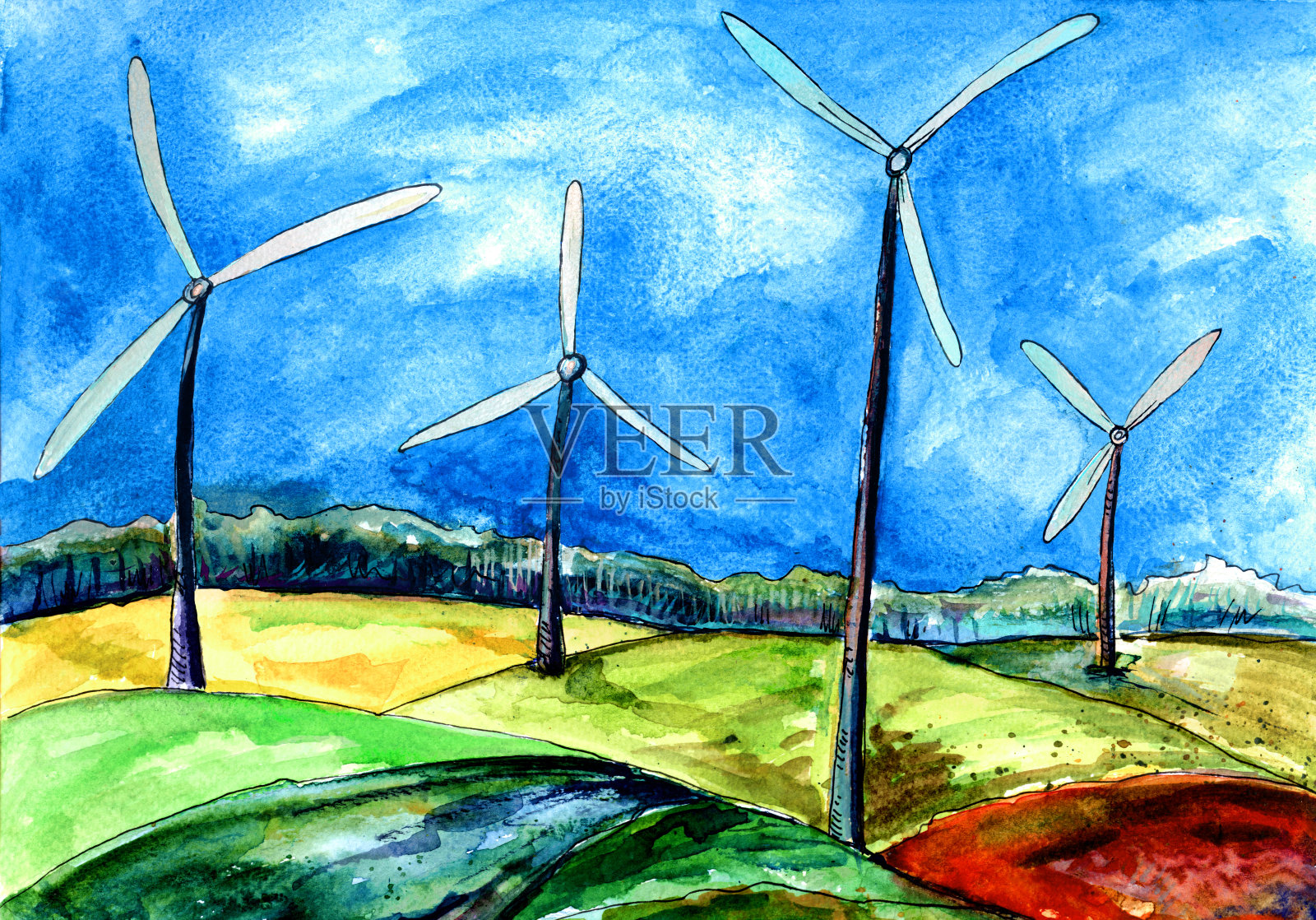 风车在风能领域，水彩画插画图片素材