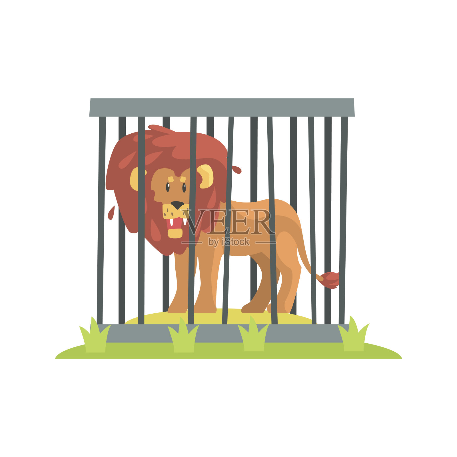 在动物园的笼子后面站着一头长着大鬃毛的危险狮子设计元素图片