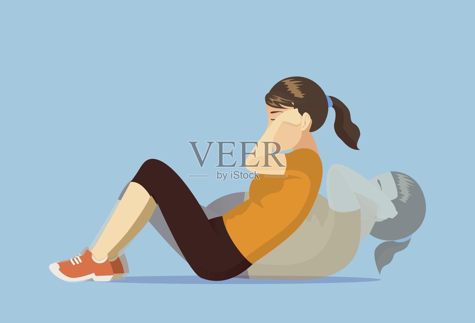 一个做仰卧起坐的胖女人。插画图片素材